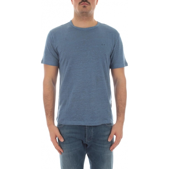 SUN 68 t-Shirt Linen Solid Girocollo da Uomo Avio