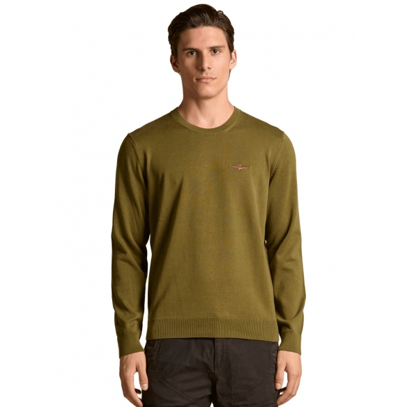Aeronautioca Militare Maglia girocollo in cotone tinto filo (Green Olive)