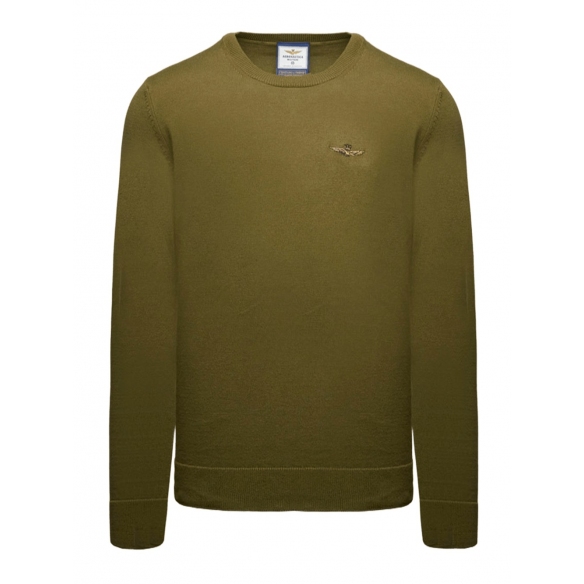 Aeronautioca Militare Maglia girocollo in cotone tinto filo (Green Olive)