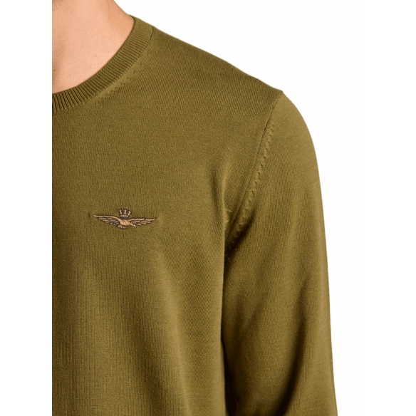 Aeronautioca Militare Maglia girocollo in cotone tinto filo (Green Olive)