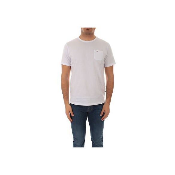 SUN68 T-Shirt Uomo Round Solid Pocket T33101 Bianca PE23 in Cotone con Taschino