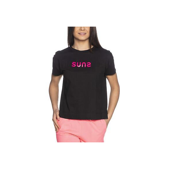 SUNS - T-Shirt Nera in Cotone con Logo Stampato sul Petto e sulla Manica. Il
